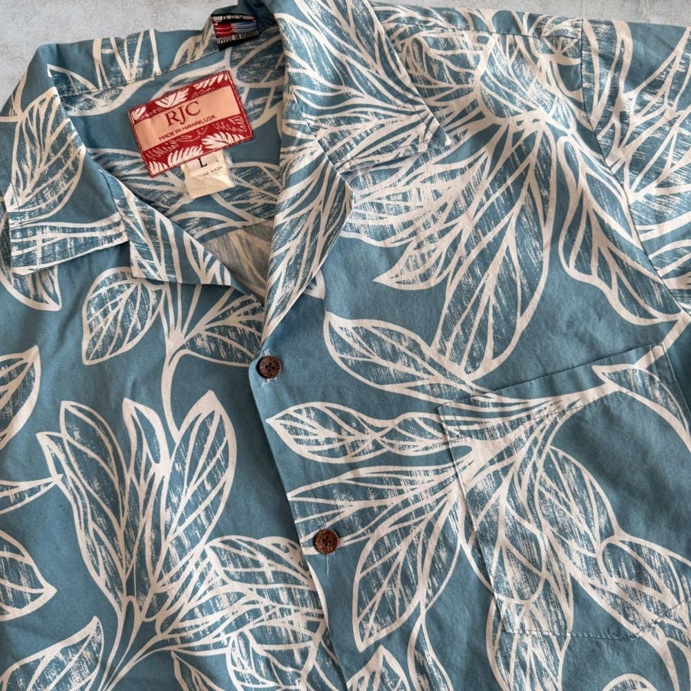 RJC Robert J Clancey Hawaiian Shirt Mens Large Blue White Cotton Tropical Leaf